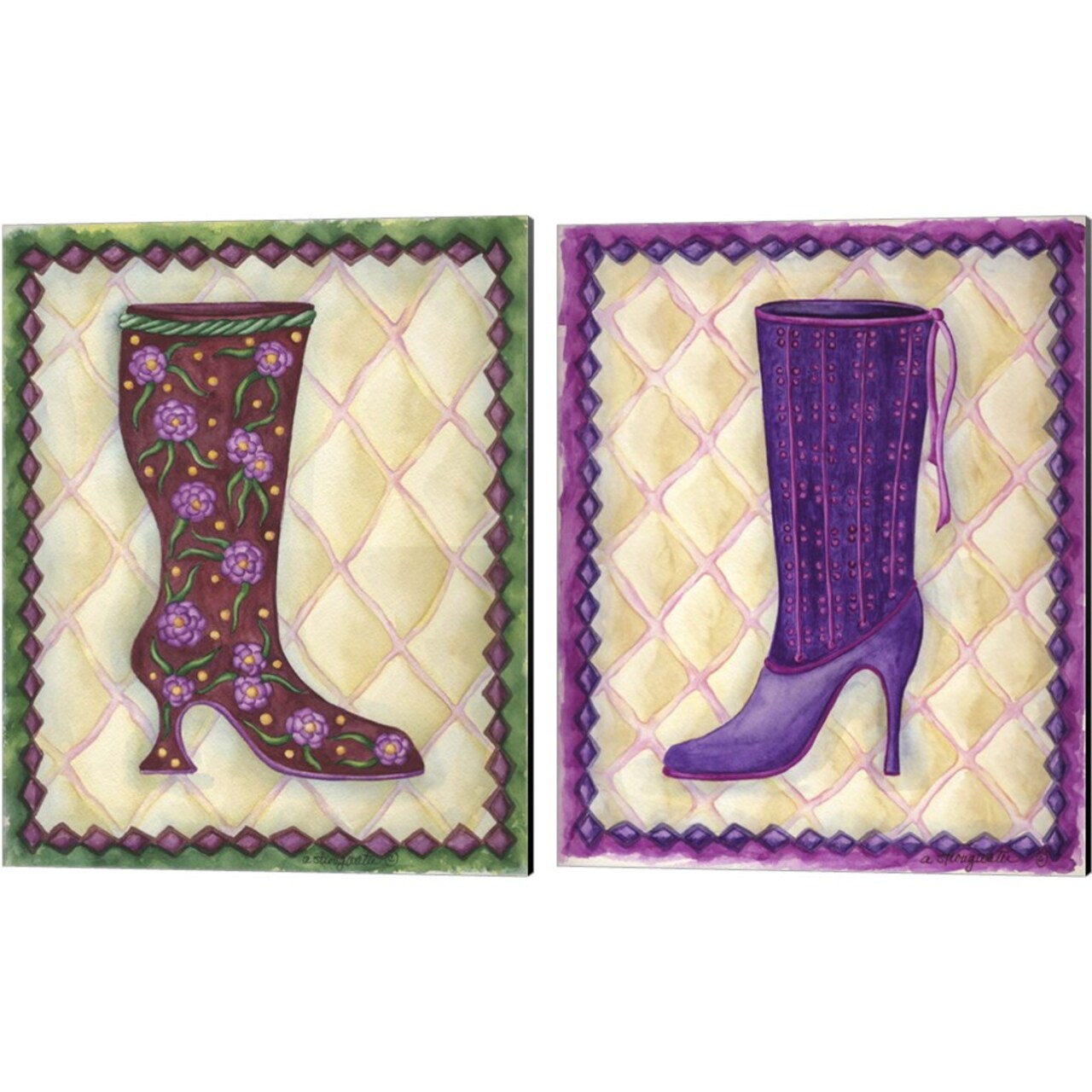 Boots Magenta With Roses With Leaves & Boots Purple With Tiny Flowers by Andrea Strongwater 12" x 15" Canvas Wall Art (Set of 2)